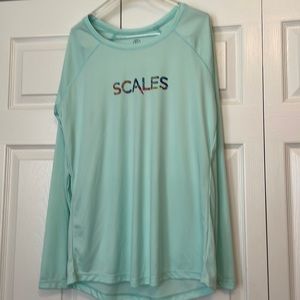 EUC Scales sun shirt. Size XL. Sea foam green color with  multi colored logo
